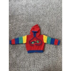 Vintage 80s Health Tex Kids Red Sweater Color Block 12 Mos Car Toddler